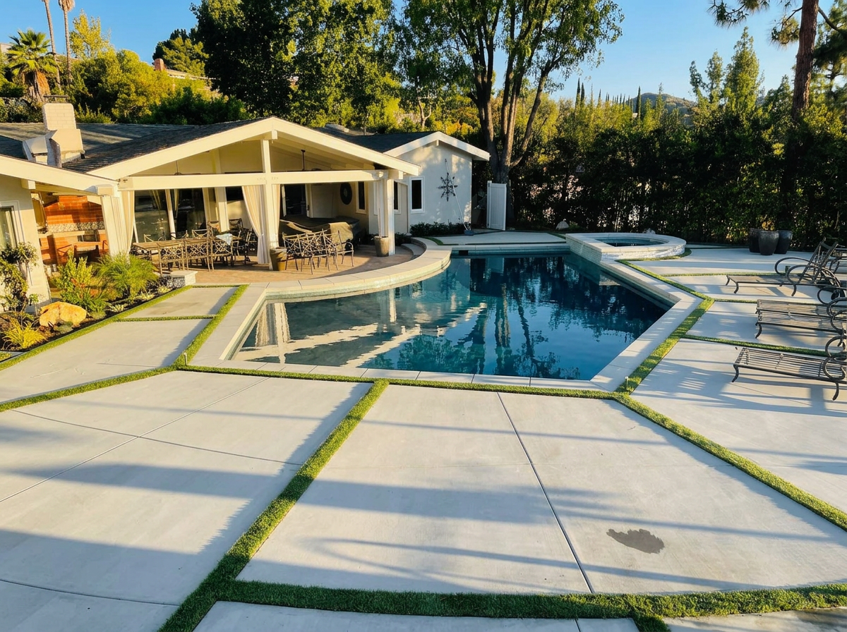 Completed Los Angeles backyard remodel with a geometric pool, raised spa, patio, and covered outdoor living area