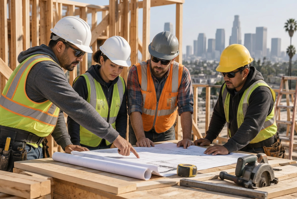 Renovia crew reviewing framing plans together on an active Los Angeles County job site