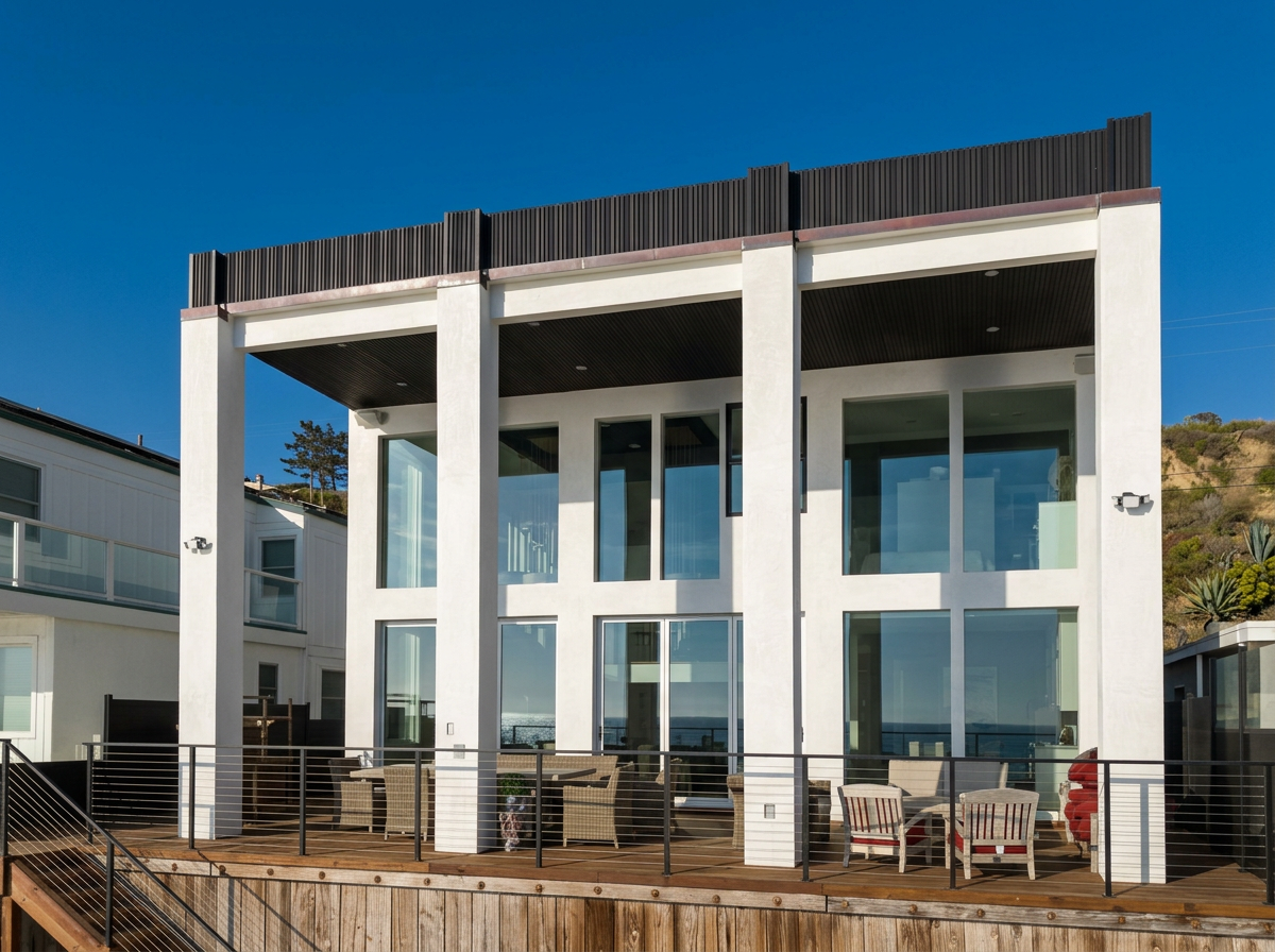 Completed ocean-facing elevation with expansive windows, covered deck, and modern railings in Dana Point