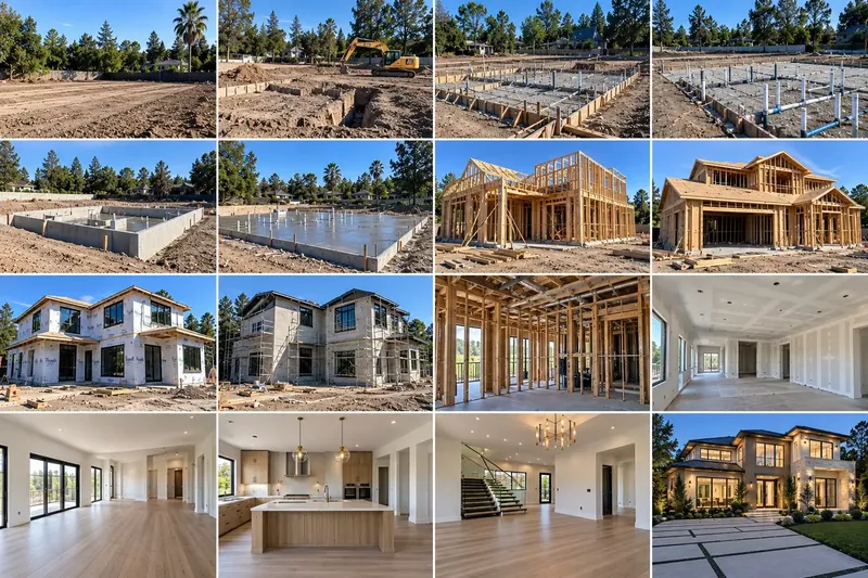 Sixteen-photo progression of a ground-up custom home build in Los Angeles, from empty lot to finished exterior