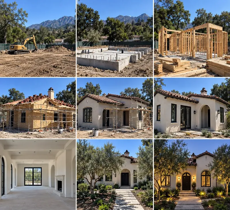Nine stages of a Spanish-style custom home build, from excavation to the landscaped finished exterior at dusk